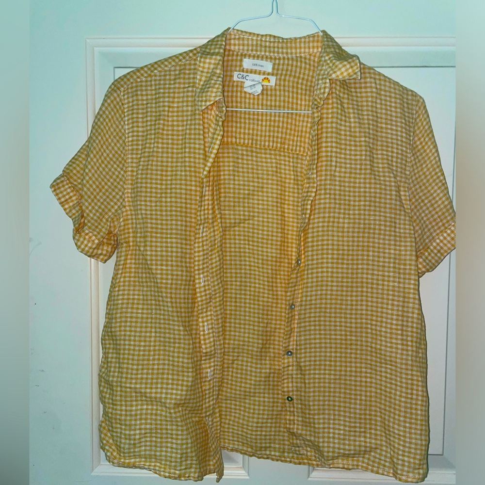 C&C Short Sleeve 100% LINEN Gingham Button Down - Yellow - Size Extra Small